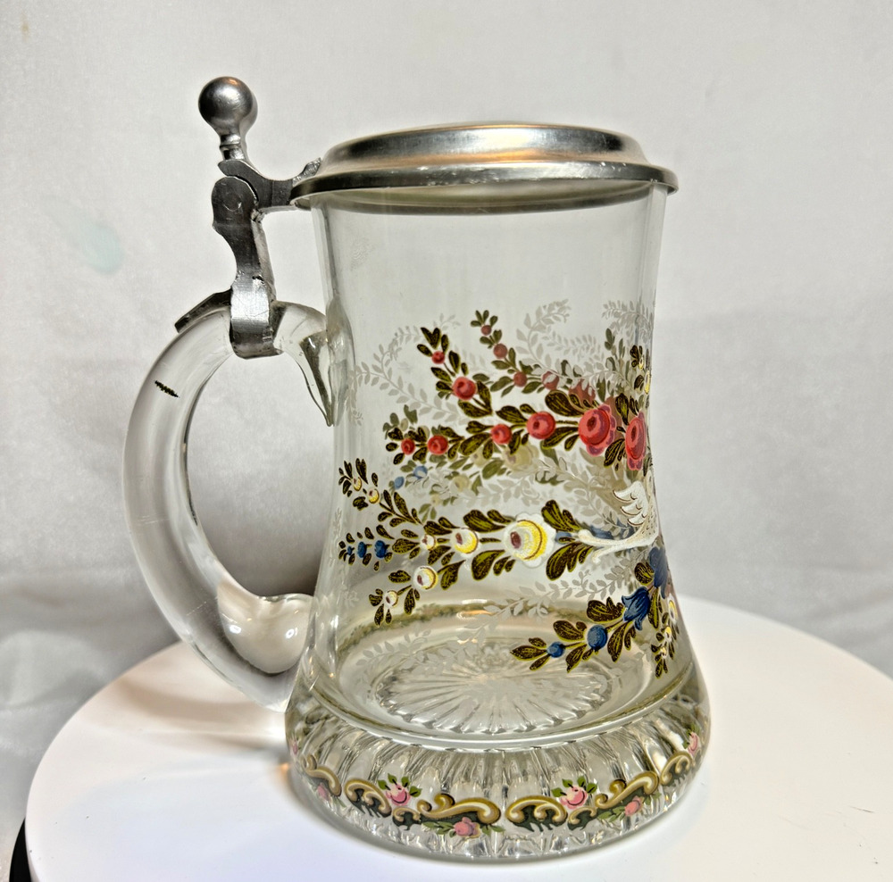 Vintage German Hand Painted Floral Glass Beer Stein Pewter Lid Hohenschwangau
